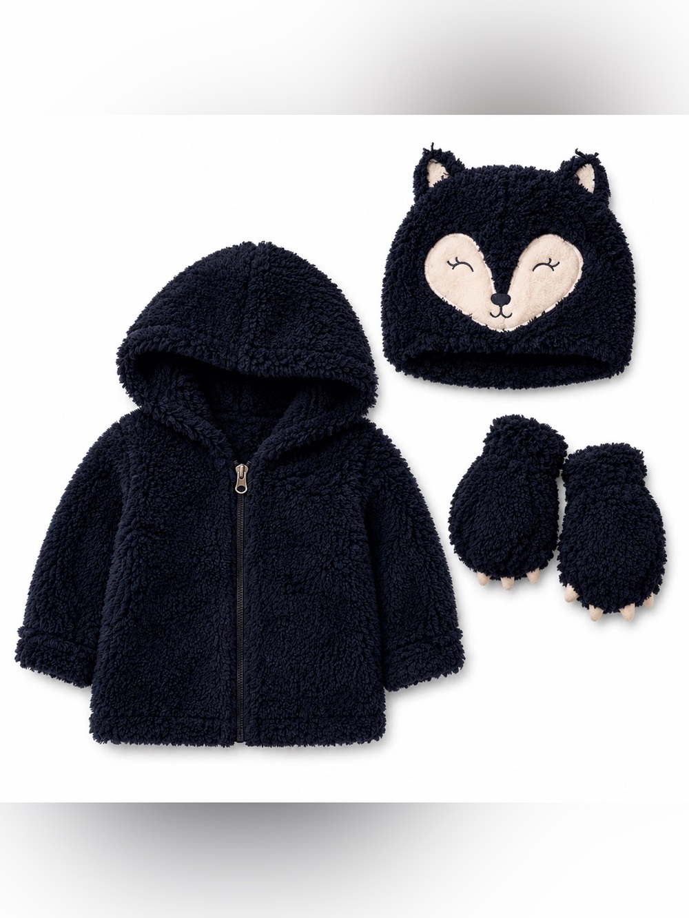 C&C California Navy Plush Bear Hooded Jacket with Matching Hat & Mittens